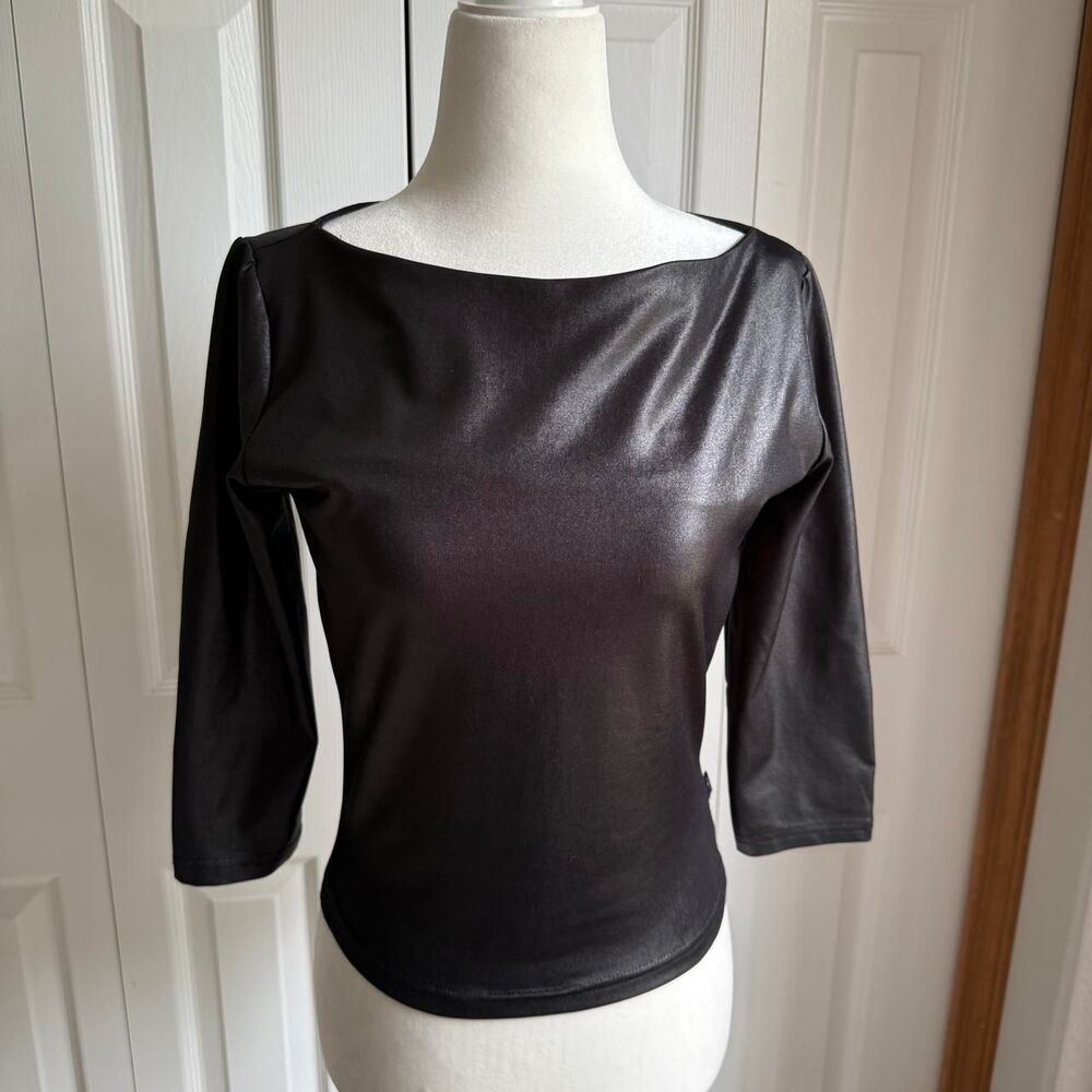 Vintage 90s Y2K shiny liquid black open back halter top size L by LEI